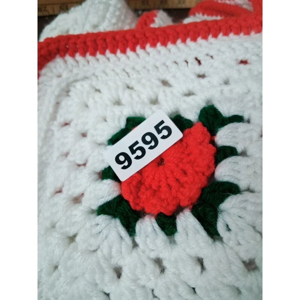Vintage White Red Crochet Throw Blanket Lap Granny Square 62X62 Homemade Roses